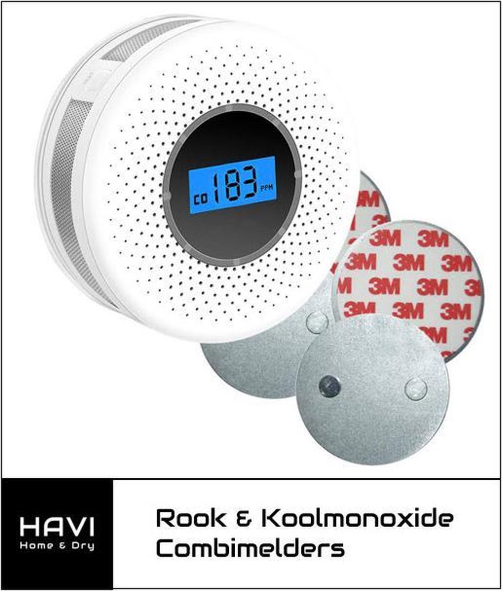 HAVI Home & Dry - Zelfklevende Rook- en koolmonoxide melder - Nieuwste generatie - 85db alarm - Incl