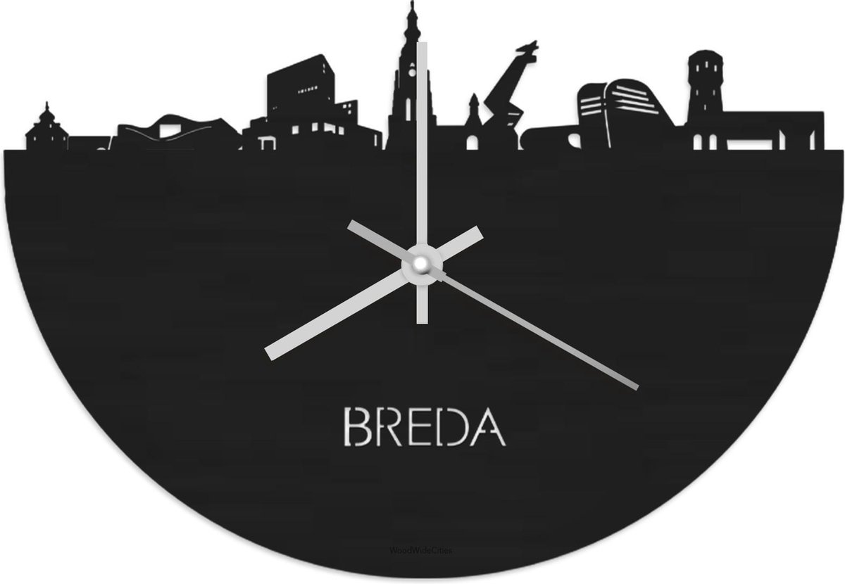 Skyline Klok Breda Zwart hout - Ø 40 cm - Stil uurwerk - Wanddecoratie - Meer steden beschikbaar - Woonkamer idee - Woondecoratie - City Art - Steden kunst - Cadeau voor hem - Cadeau voor haar - Jubileum - Trouwerij - Housewarming - WoodWideCities