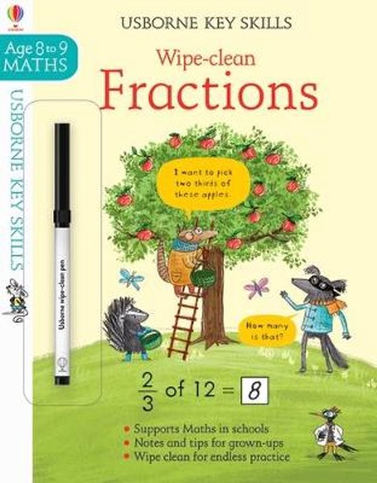 Usborne Key Skills: Breuken. Een boek met een pen, illustraties van dieren die appels plukken en sommen.