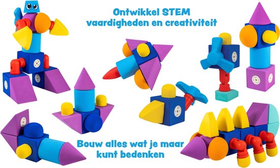 Kleurrijke magnetische blokken vormen samen verschillende STEM-creaties: robot, raket, windmolen, rups.