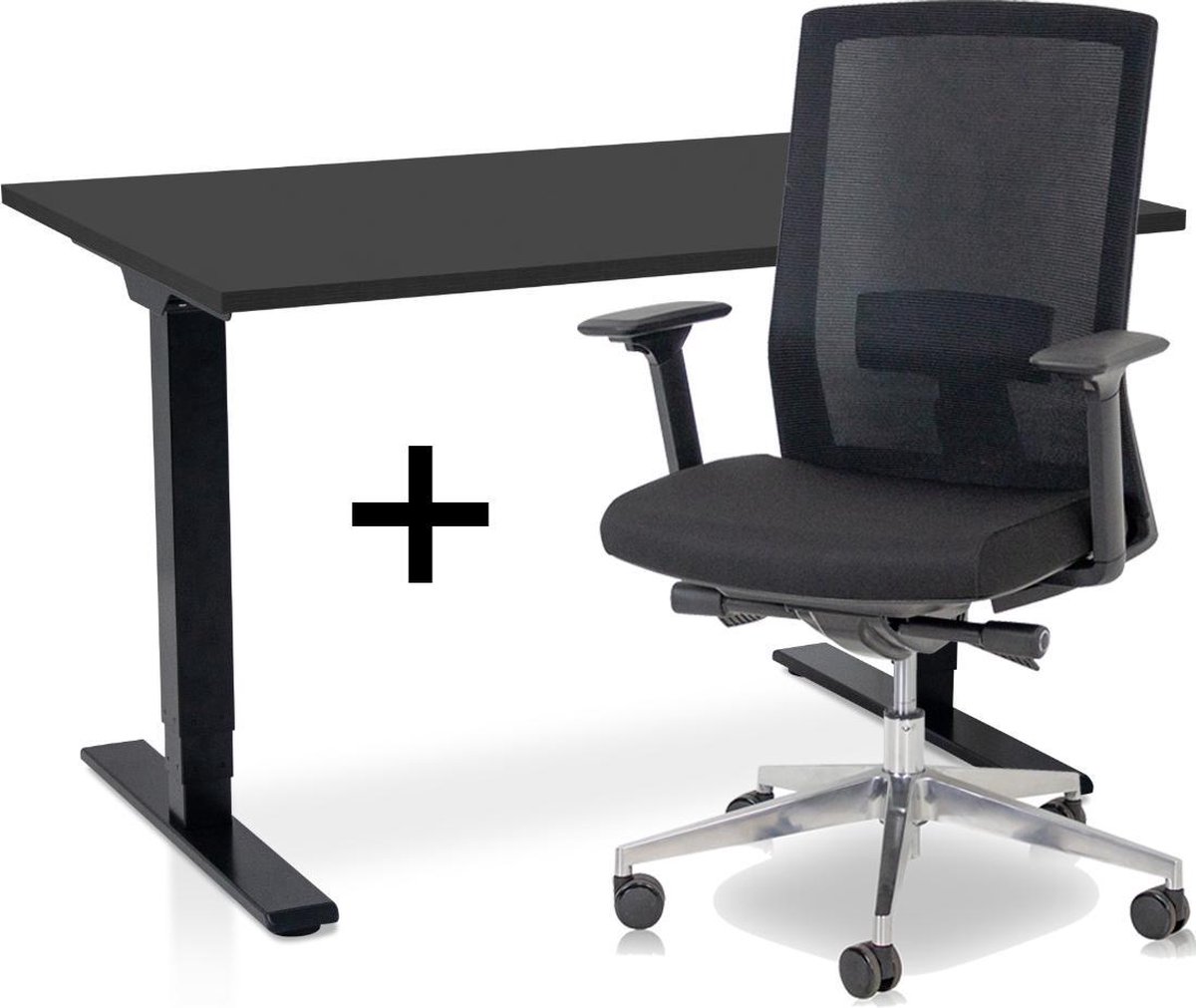 Zit-sta bureau elektrisch verstelbaar + ERGO Bureaustoel | NEN-EN 527 COMFORT Thuiswerkset | frame bureau zwart - bureaublad zwart | 120x80 cm
