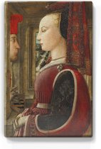 Portret van een vrouw met een man in een openslaand raam - Filippo Lippi - 19,5 x 30 cm - Niet van echt te onderscheiden schilderijtje op hout - Mooier dan een print op canvas - La
