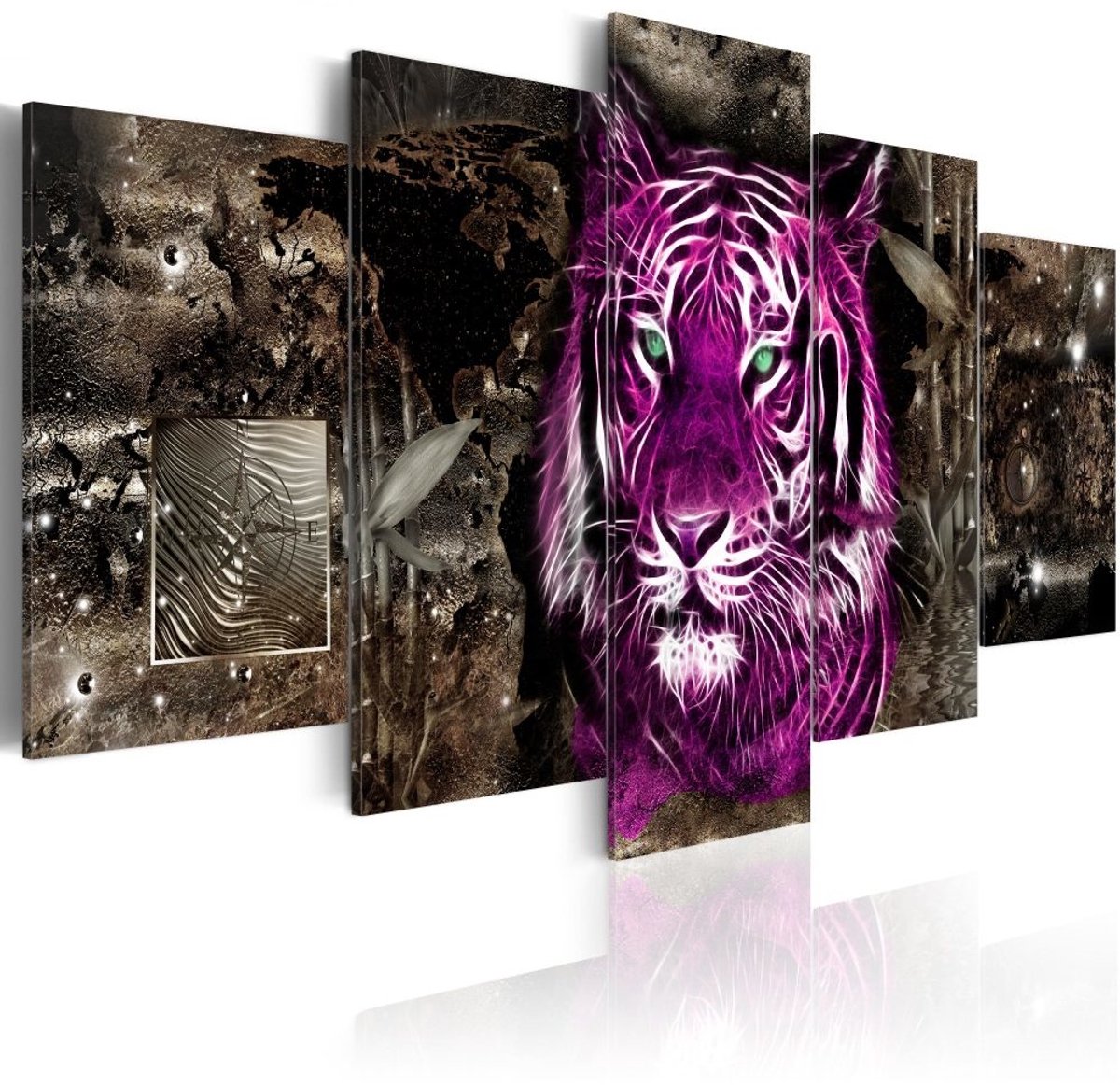 Schilderij - Bewaker van de Jungle , Tijger , 5 luik , paars