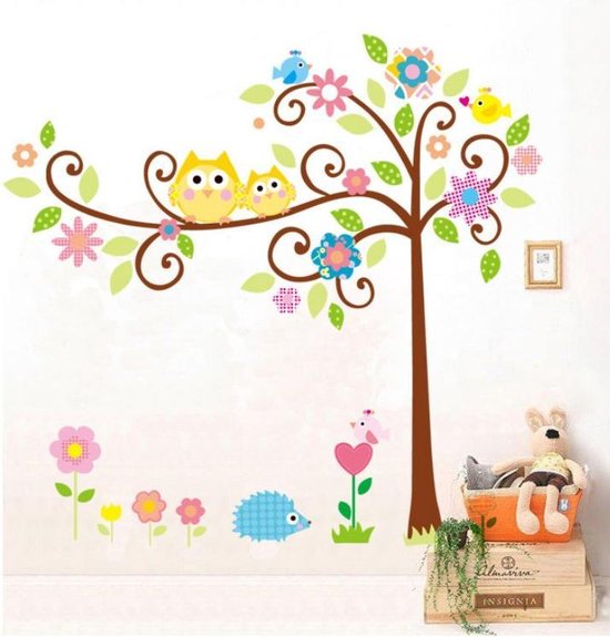 Muursticker Uilen in gekleurde boom - Decoratie kinderkamer / babykamer jongens & meisjes - Dieren sticker