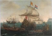 Hollandse schepen overzeilen Spaanse galeien onder de Engelse kust, Hendrik Cornelisz. Vroom - Foto op Forex - 120 x 90 cm