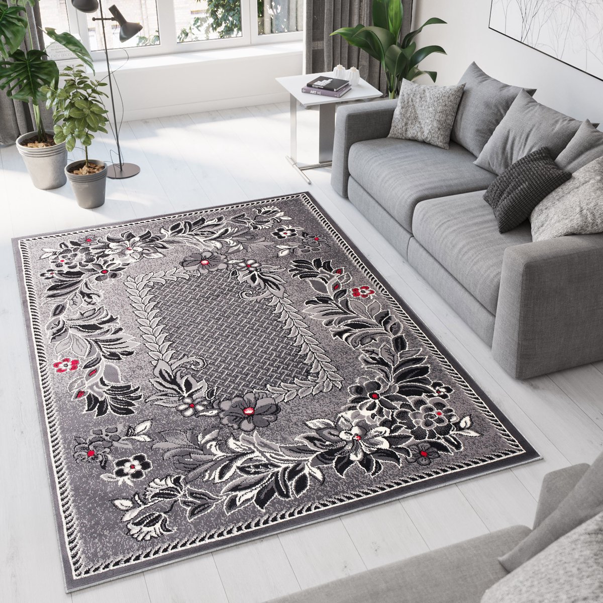 Tapiso Dream Vloerkleed Grijs Gebloemd Laagpolig Woonkamer Tapijt Maat- 80x150