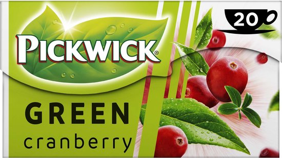 Pickwick Groene thee met cranberry. 20 theezakjes met rode bessen en groene blaadjes.