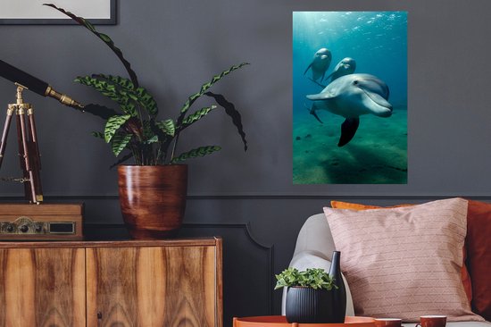 Sticker Muursticker Animaux aquatiques marins - Photo sous-marine de trois dauphins - 40x60 cm - Film autocollant - Sticker mural repositionnable