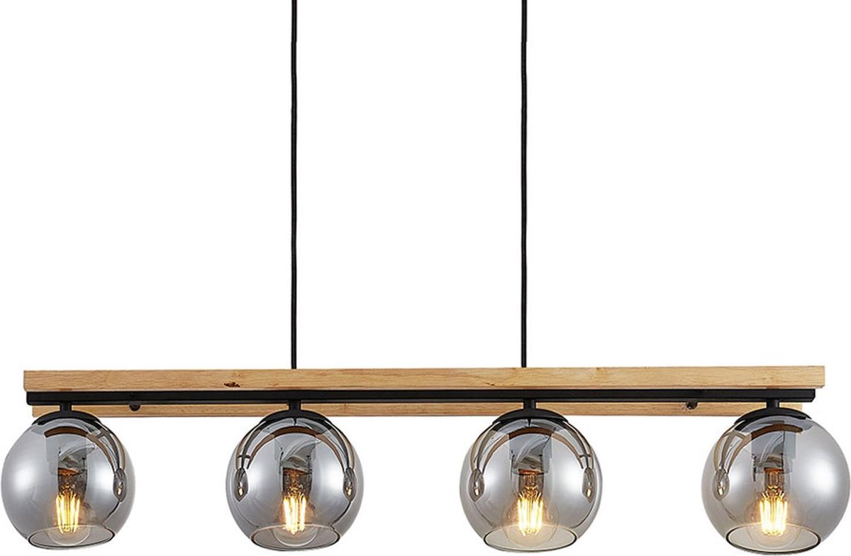 Lindby - hanglamp - 4 lichts - glas, hout, staal - E27 - rookgrijs, eiken licht, zwart