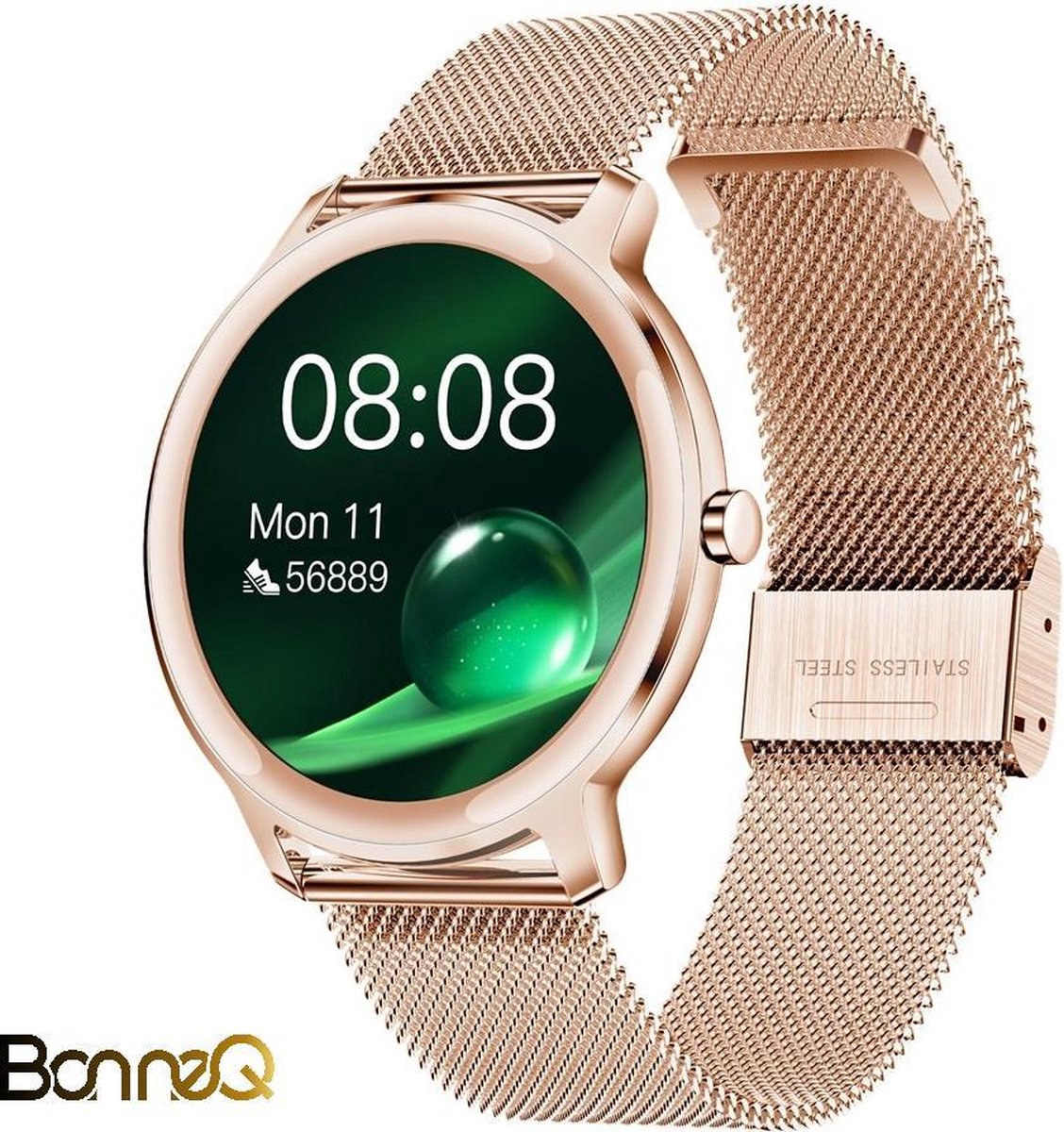 BonneQ - Luxe dames - Stappenteller - Stappenteller horloge dames - Hartslagmeter - Calorieënverbruik - Sportfuncties - Ontvang berichten (social media) - Bellen - Slaaptracker - Rosé goud - Smart Gear Compare