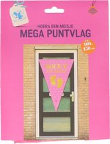 Mega puntvlag geboorte meisje | roze | 150 x 100 cm | Tekst Hoera! een meisje! | gouden voetjes afbeelding