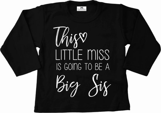 T-Shirt voor een grote zus-Bekendmaking zwangerschap-this little miss-zwart-wit-Maat 92