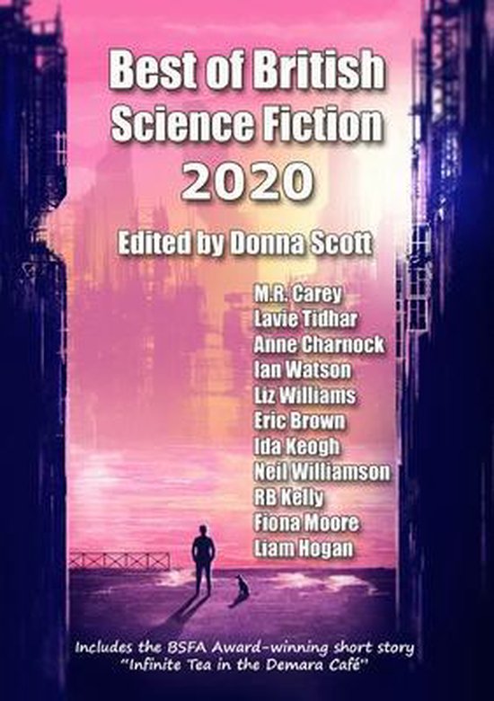 Boekomslag: Best of British Science Fiction 2020, roze-paars met stad en silhouet van persoon.