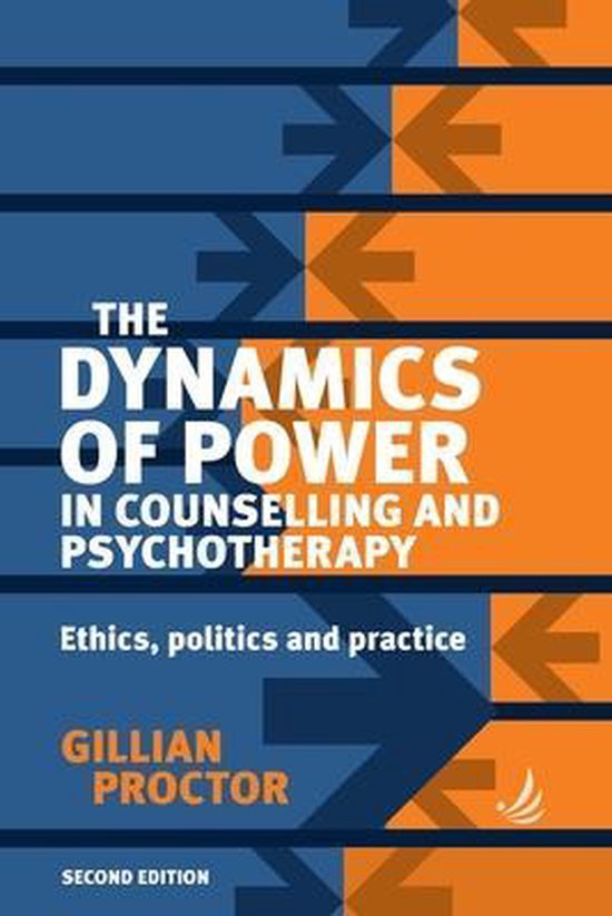 Boek "The Dynamics of Power in Counselling and Psychotherapy" met blauwe en oranje pijlen, "The Dynamics of Power" staat centraal.