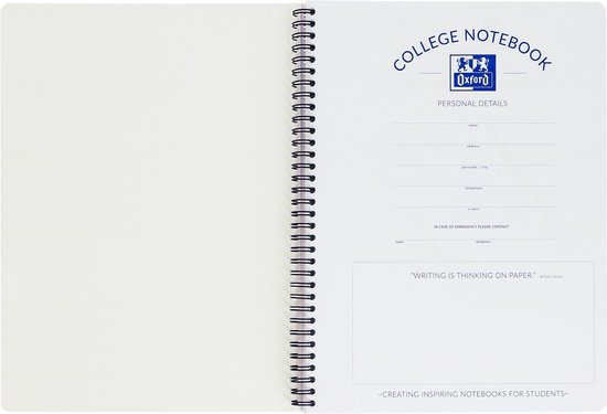 Open Oxford schrift met blanco eerste pagina en persoonlijk details formulier.