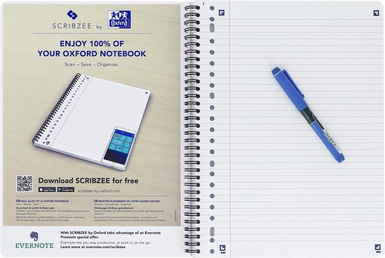Open Oxford schrift met een blauwe pen en reclame voor ScribeZe.