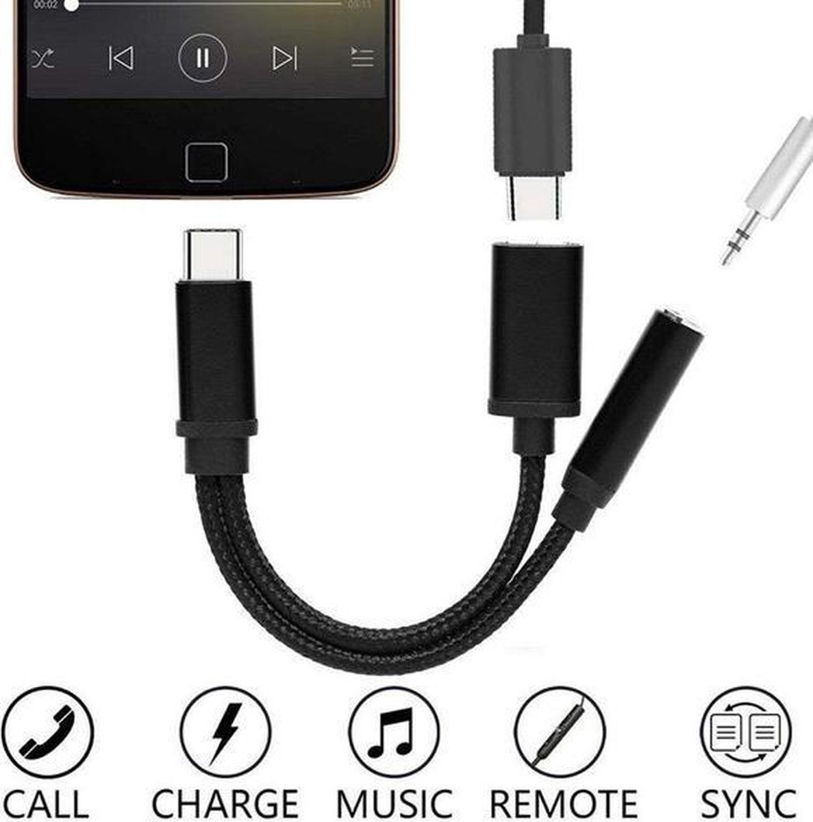 Adaptateur audio USBC vers jack 3,5 mm avec connexion USBC supplémentaire 13 cm