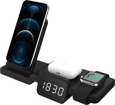 DrPhone LEGEND5 15W 4 in 1 Draadloze Oplaadstation met Tijdweergave – Geschikt voor iOS Watch, Draadloze Oortjes & Smartphones - Zwart