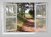 Tuinposter - 130x95 cm - wit venster - doorkijk bospad - tuin decoratie - tuinposters buiten - tuinschilderij