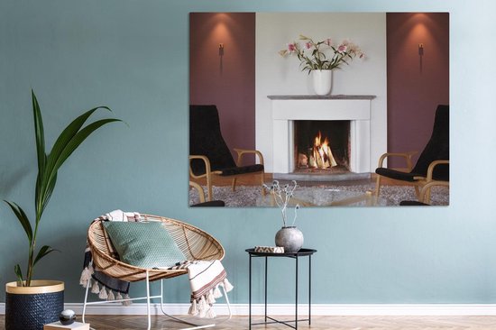 Une cheminée dans un salon 160x120 cm - Tirage photo sur toile (Décoration murale salon / chambre) XXL / Grand format!