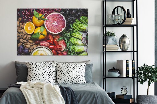 Divers fruits étalés sur une toile de table 2cm 120x80 cm - Tirage photo sur toile (Décoration murale salon / chambre)