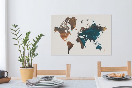 Wereldkaart en peinture bleu foncé et orange sur fond rose 60x40 cm