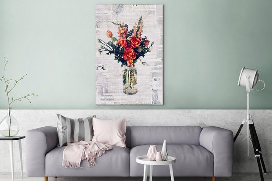 Illustration fleur sur coupure de journal 90x140 cm - Tirage photo sur toile (Décoration murale salon / chambre) / Peintures Fleurs sur toile