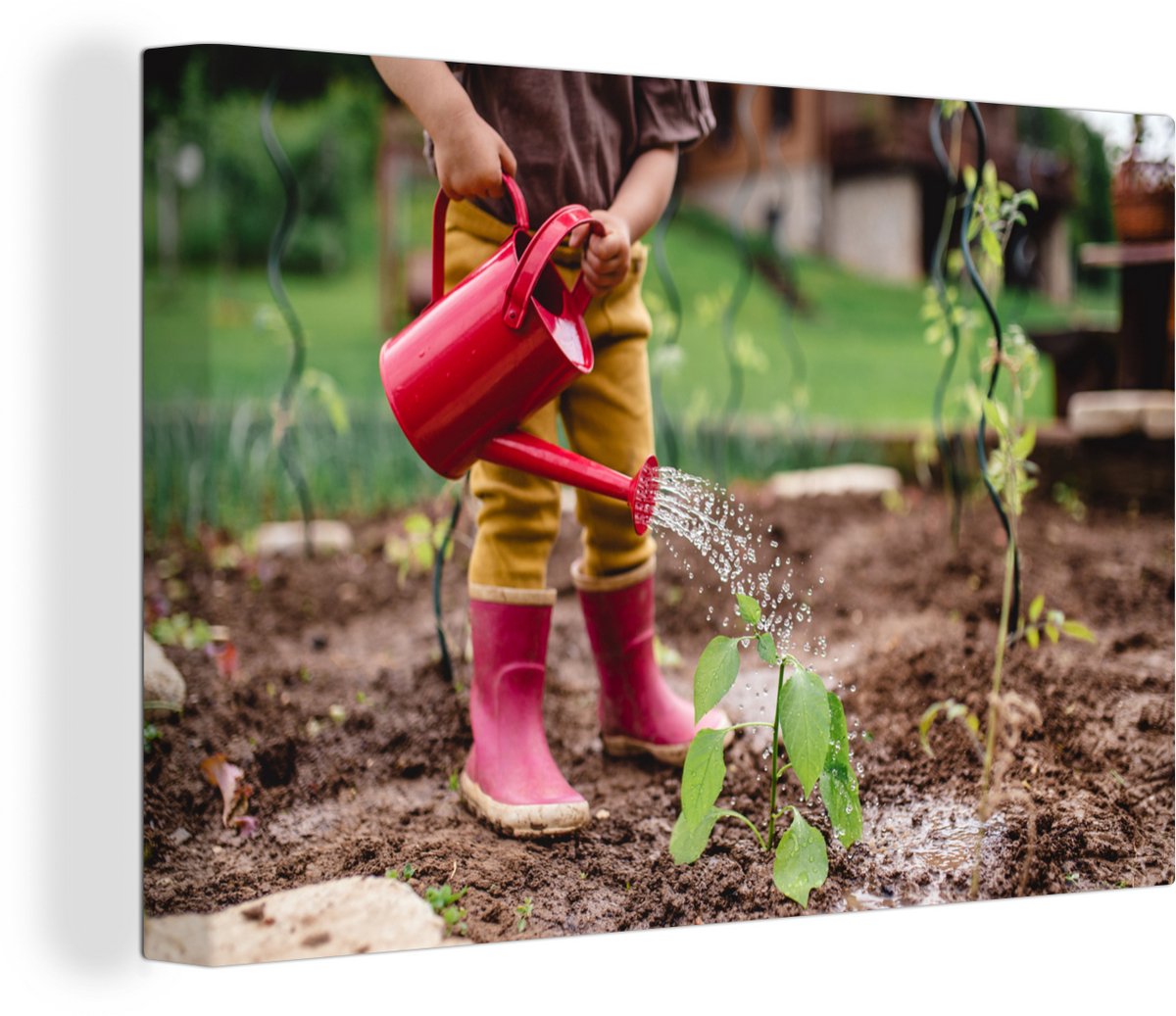 Canvas Schilderij Peuter geeft de planten water met een gieter - 30x20 cm - Wanddecoratie