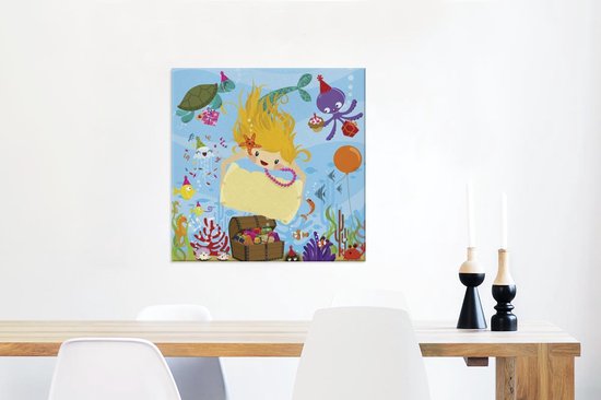 Illustration d'une sirène avec un coffre au trésor 50x50 cm - Tirage photo sur toile (Décoration murale salon / chambre) / Mer et plage