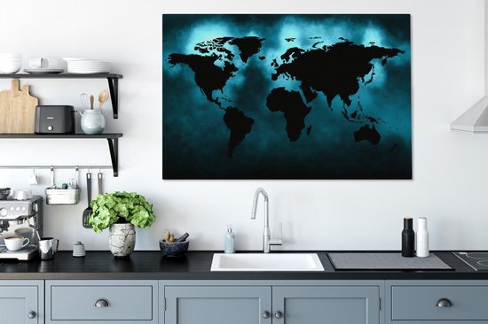 Carte du monde noire sur fond sombre en bleu 120x80 cm