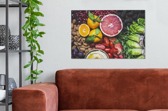 Divers fruits étalés sur une toile de table 2cm 60x40 cm - Tirage photo sur toile (Décoration murale salon / chambre)