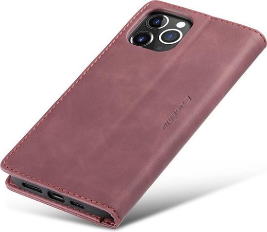 Étui portefeuille bordeaux mince à coutures rouges pour iPhone 12 Mini.