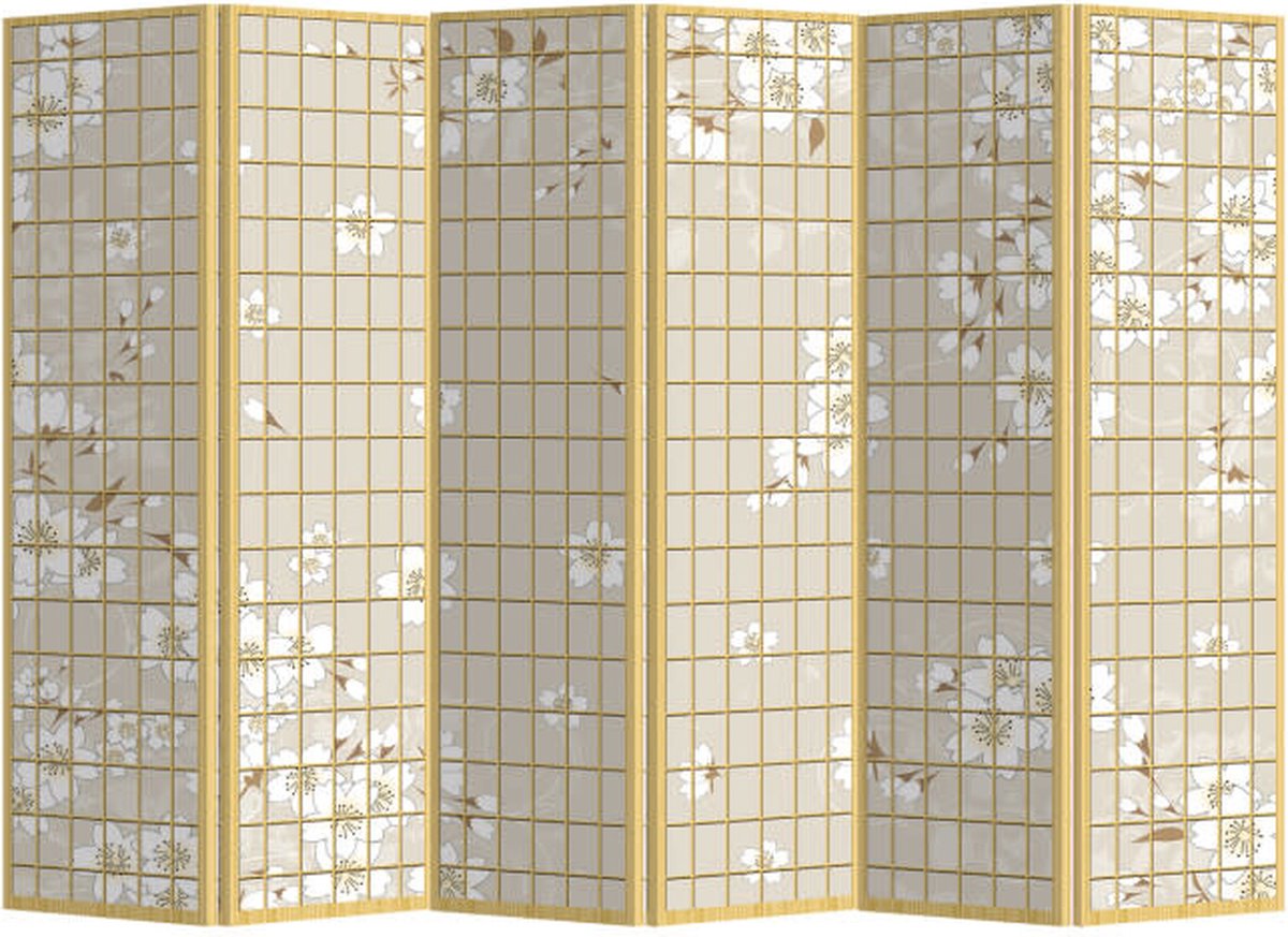 Fine Asianliving Kamerscherm Scheidingswand B240xH180cm 6 Panelen Bloemetjes Naturel