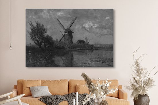Canvas schilderij 180x120 cm - Wanddecoratie Molen bij een plas in zwart wit - Schilderij van Paul Joseph Constantin - Muurdecoratie woonkamer - Slaapkamer decoratie - Kamer accessoires - Schilderijen op canvas