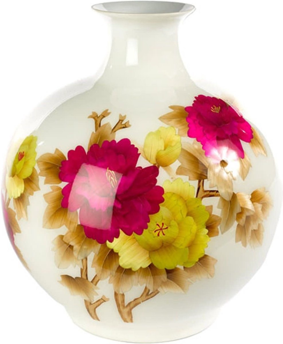 Fine Asianliving Chinese Vaas Porselein Handgemaakt Pioenrozen Wit H29.5cm