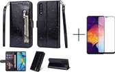Glitter Bookcase voor Samsung Galaxy A50 | Hoogwaardig PU Leren Hoesje | Telefoonhoesje | Portemonnee | Zwart + 1x screenprotector