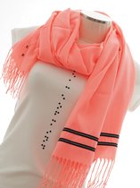 YELIZ YAKAR - Luxe zomersjaal dames Pashmina sjaal/omslagdoek  "Capra V" - helder neon-peach oranje zomer kleur-sierband detail met drukknopen -handmade - design - onesize - mode -