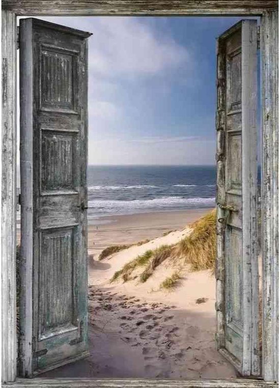 Diamond painting - Zee en strand achter deur - Geproduceerd in Nederland - 60 x 90 cm - canvas materiaal - vierkante steentjes - Binnen 2-3 werkdagen in huis