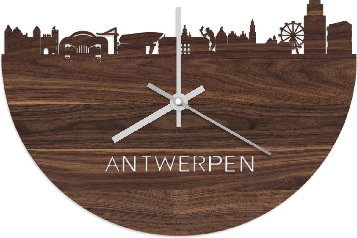 Skyline Klok Antwerpen Notenhout - Ø 40 cm - Stil uurwerk - Wanddecoratie - Meer steden beschikbaar - Woonkamer idee - Woondecoratie - City Art - Steden kunst - Cadeau voor hem - Cadeau voor haar - Jubileum - Trouwerij - Housewarming - WoodWideCities