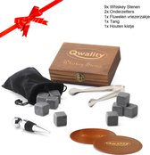 Whiskey Stones Set (9 stuks) Incl. Flessenstopper - Whisky Stenen - Luxe Cadeau Set Man Vrouw - Herbruikbare ijsblokjes - Qwality