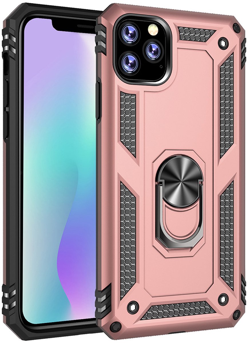 Ntech hoesje Geschikt voor iPhone 11 Pro Max Armor Ringhouder TPU - Rosegoud