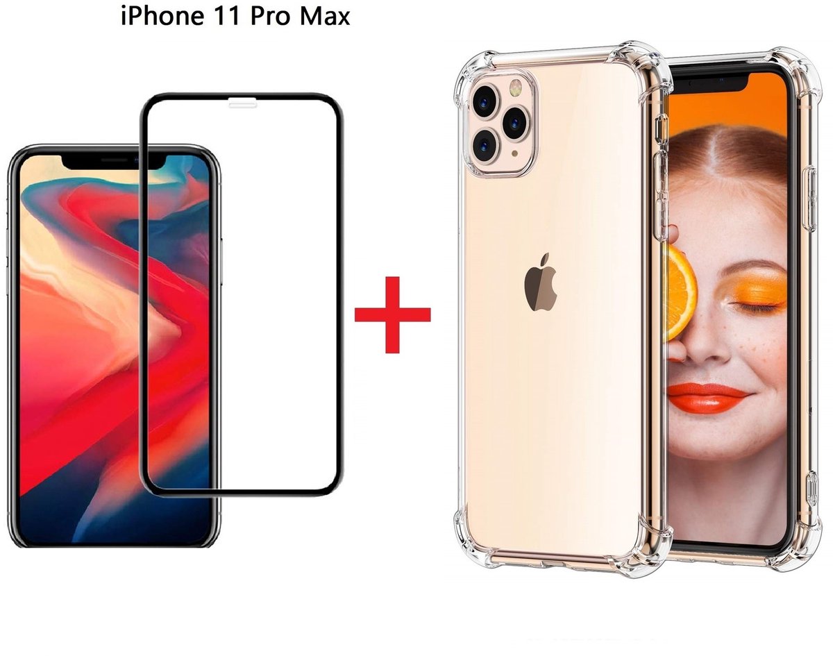 Hoesje Geschikt voor iPhone 11 Pro Max Screenprotector Zwart + Anti-Shock Hoesje
