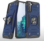 Samsung S21 Hoesje - Heavy Duty Armor hoesje Blauw - Galaxy S21 silicone TPU hybride hoesje Kickstand ringhouder met Magnetisch Auto Mount