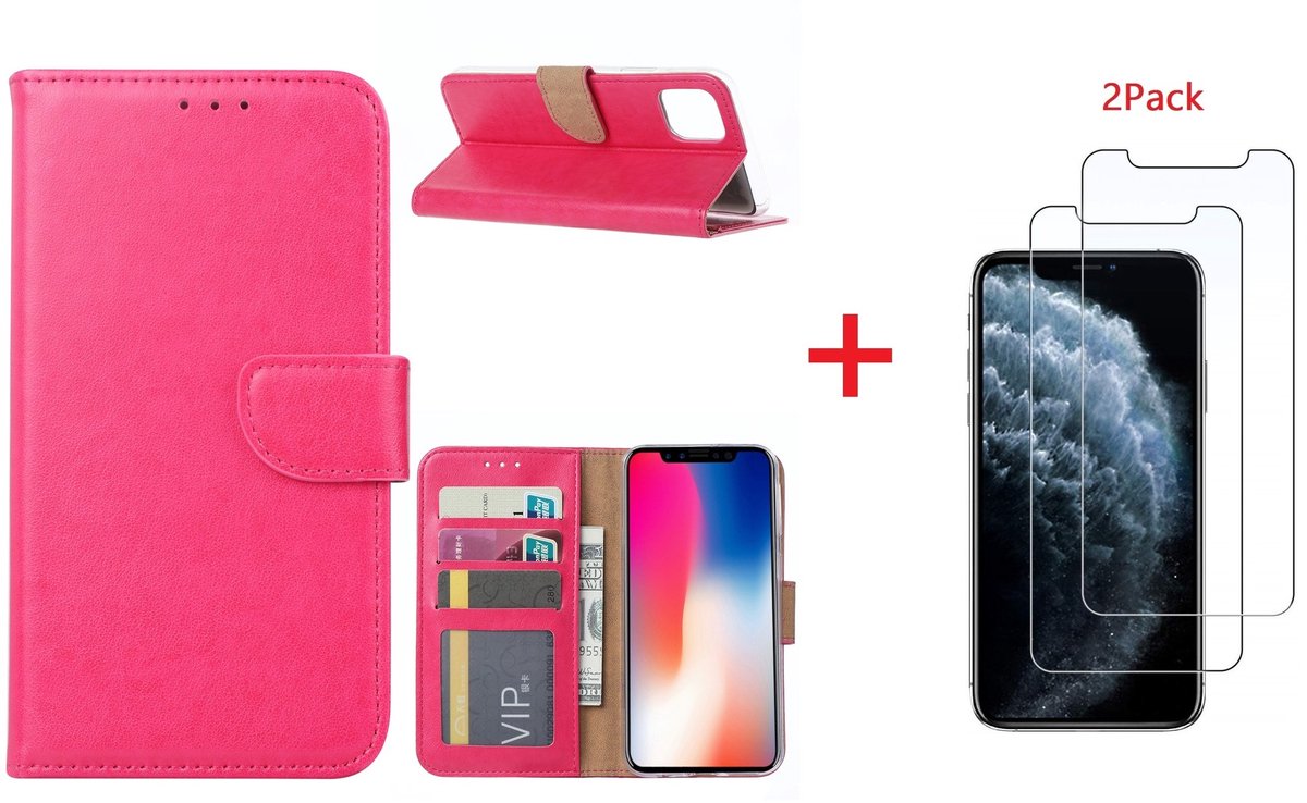 Hoesje Geschikt voor iPhone 11 Pro Max Portemonnee hoesje + 2X Screenprotector - Roze