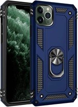 Apple iPhone 12 en 12 pro Stevige Magnetische Anti shock ring back cover case- schokbestendig-TPU met stand blauw + gratis screenprotector