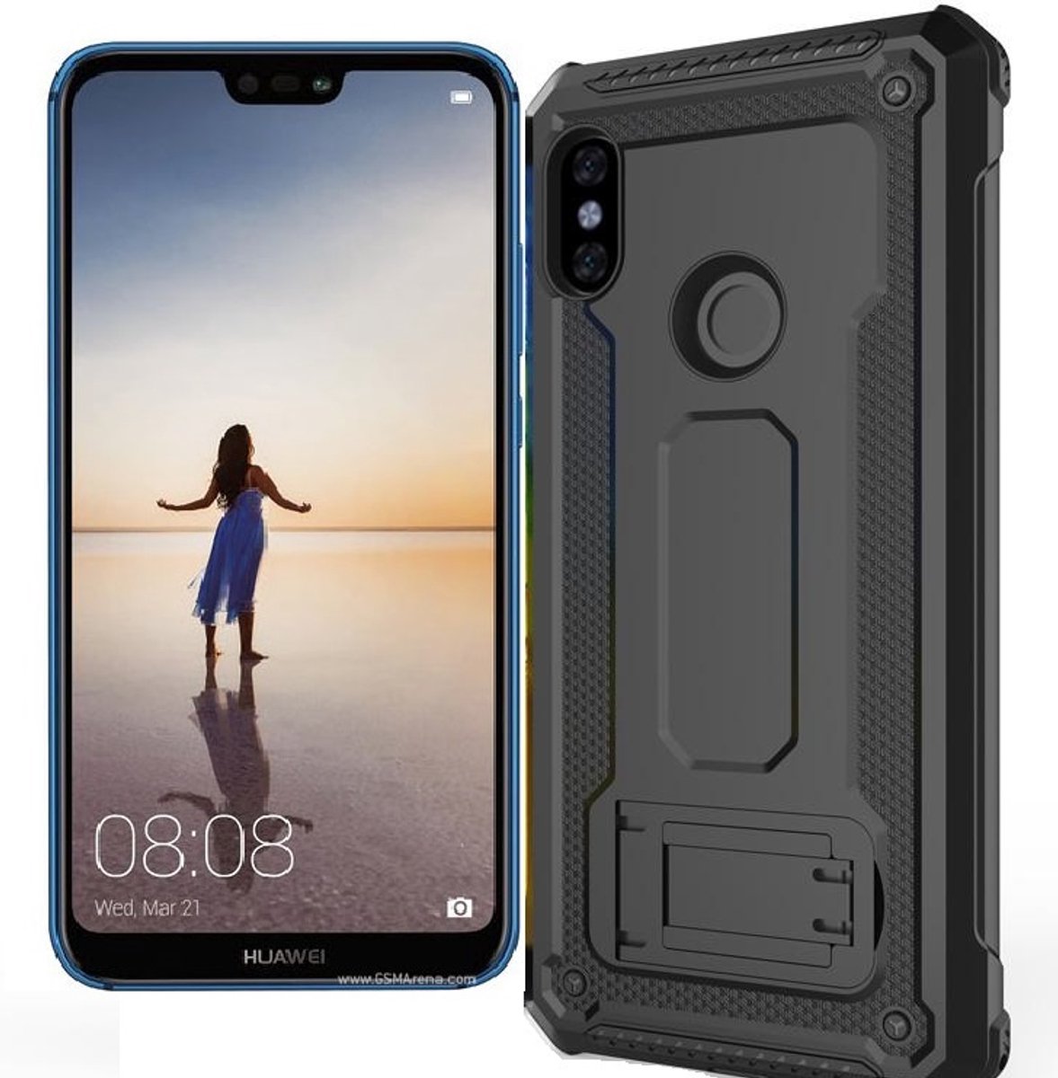 Ntech Hoesje Geschikt voor Huawei P20 Lite Armor hoesje met Kickstand - Zwart