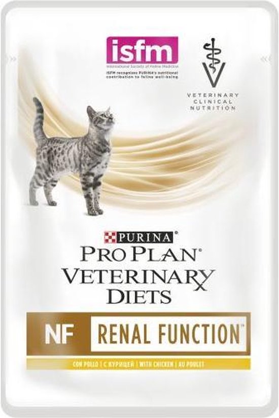 Purina Pro Plan Veterinary Diets NF Renal Function, met kip. Grijze cyperse kat staand. ISFM en dierenartsenlogo.