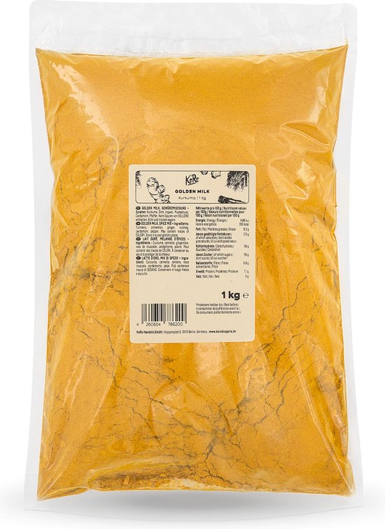 Een grote, doorzichtige zak met 1 kg goudgele Golden Milk kruidenmix, met het etiket erop.