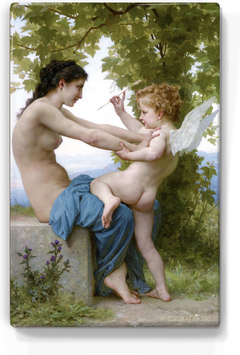 Jonge vrouw beschermt zichzelf tegen cupico - William Adolphe Bouguereau - 19,5 x 30 cm - Niet van echt te onderscheiden schilderijtje op hout - Mooier dan een print op canvas - Laqueprint.