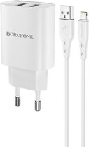 HOCO BN2 Super Fast - Chargeur USB Universel 2 Ports + Câble Lightning - 5V/2.1A 10W - Pour iPhone et Smartphones Android - Wit
